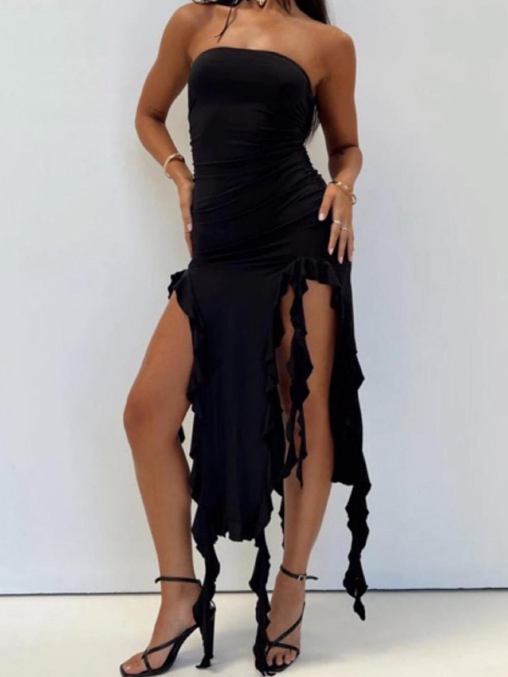 Strapless Black High-Slit Ruffle Maxi Dress